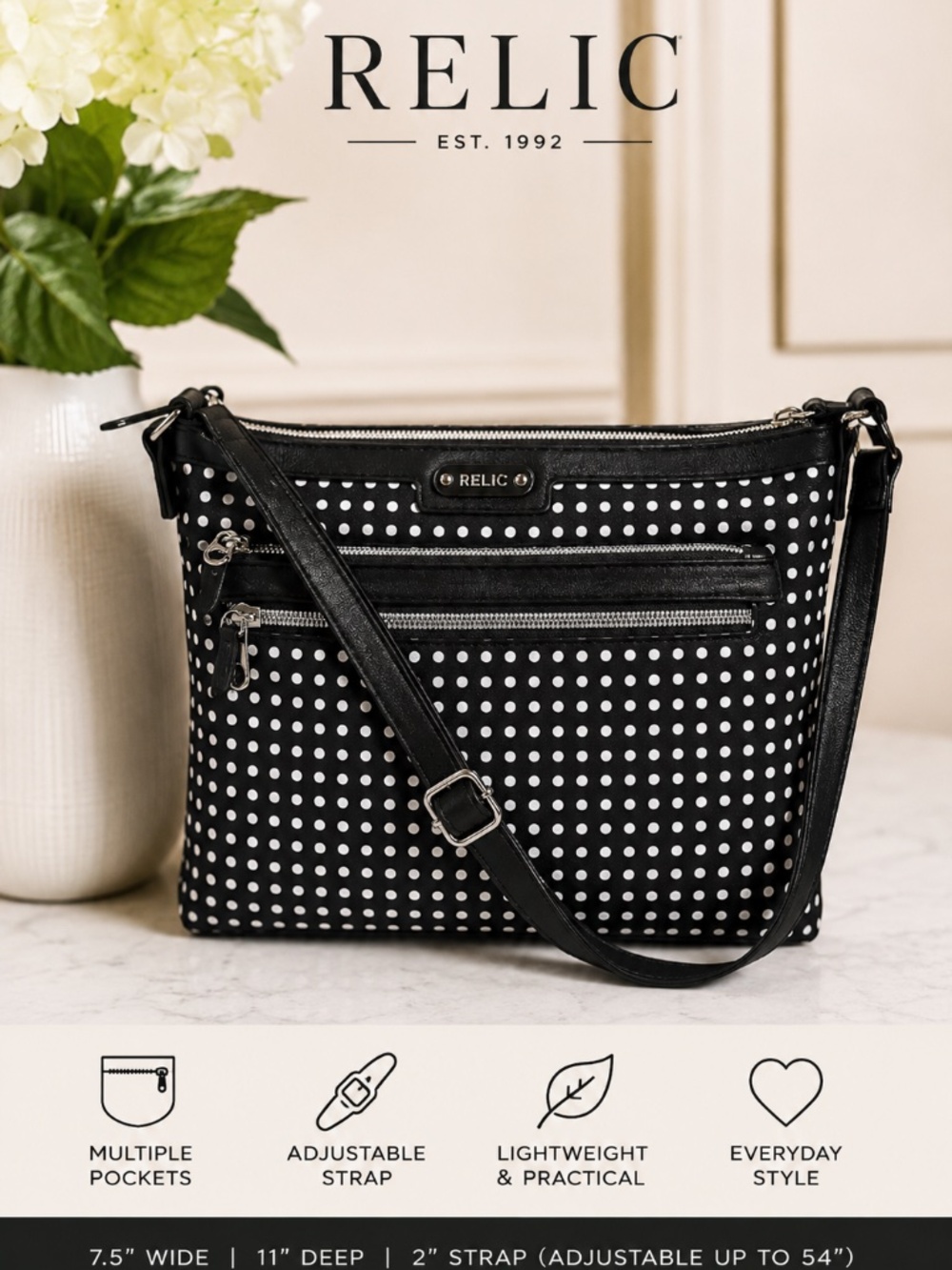 Relic Black & White Polka Dot. Crossbody Bag Adjustable Strap Multi Pocket.
